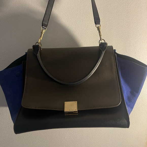 Handbags - Authentic Celine trapeze crossbody hand bag Black and Blue Leather Bag